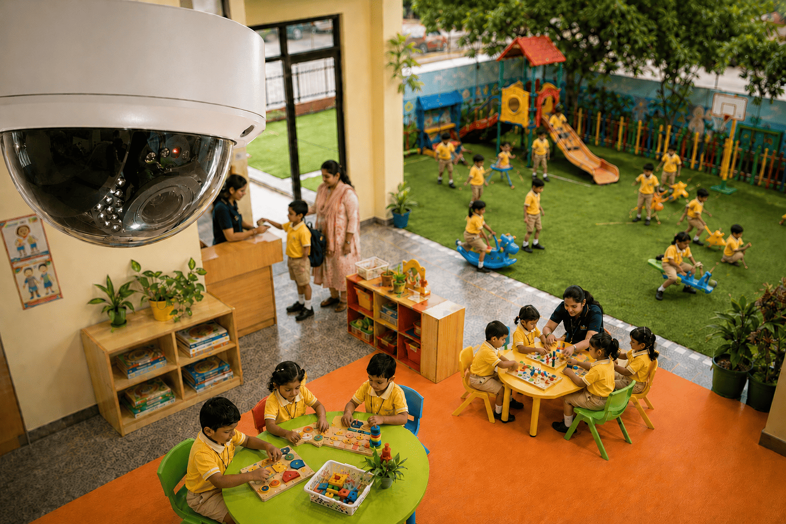Children in a safe, colorful preschool classroom